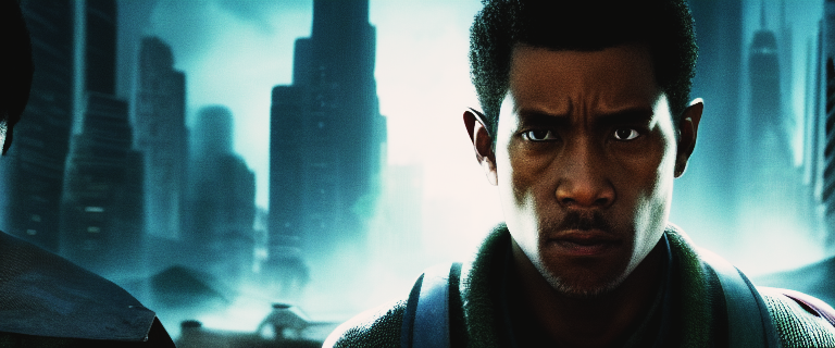 A photorealistic sci-fi portrait of a man with a serious expression and a futuristic cityscape behind him. Competent and completely expected.