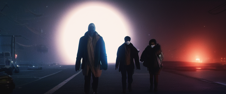 Three masked figures walking down a foggy road at night toward a glowing white orb. Cinematic, cold, literal post-apocalypse imagery.