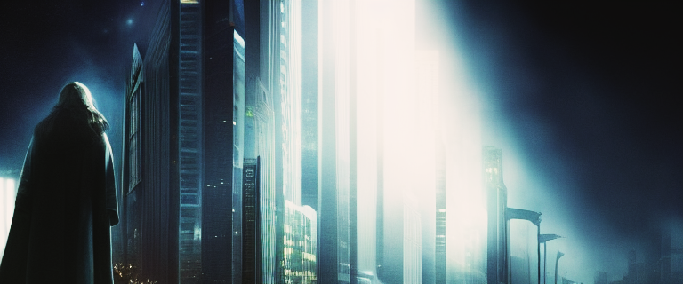 A cloaked figure in profile facing a futuristic city pierced by vertical blue light beams. Competent sci-fi establishing shot.