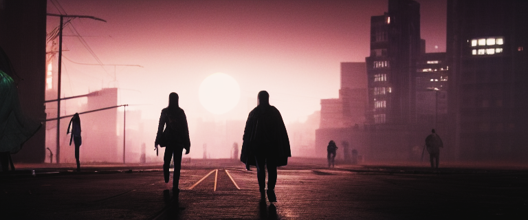 Two silhouetted figures walking down an empty boulevard at dusk, a large pink sun low on the horizon, a lone figure further down the road. Pastel dystopia stock imagery.