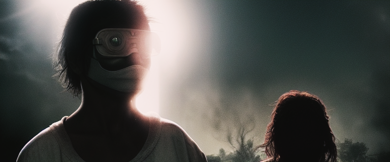 A person in a bandaged blindfold standing beside a child seen from behind, backlit by a bright sun breaking through haze. Earnest, emotionally telegraphed illustration of the prompt.