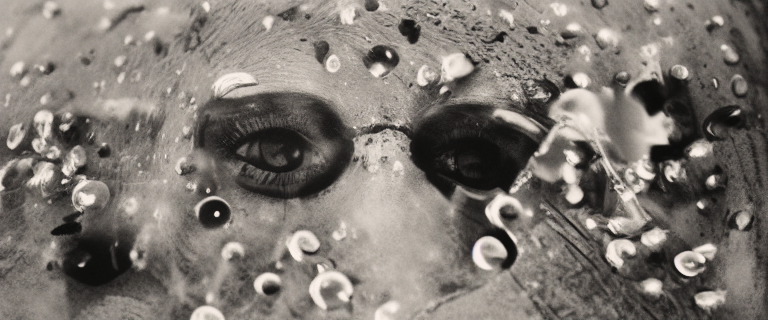 A ghostly black-and-white close-up of a face seen through a surface covered in water droplets. Two eyes are faintly visible through the distortion, the rest of the features blur into the texture.