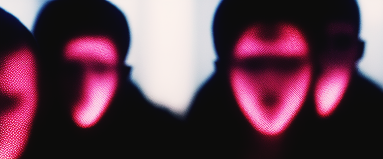Blurred silhouettes of two faces dissolving into a dense pink halftone pattern, mouths glowing as saturated magenta smears where eyes should be.