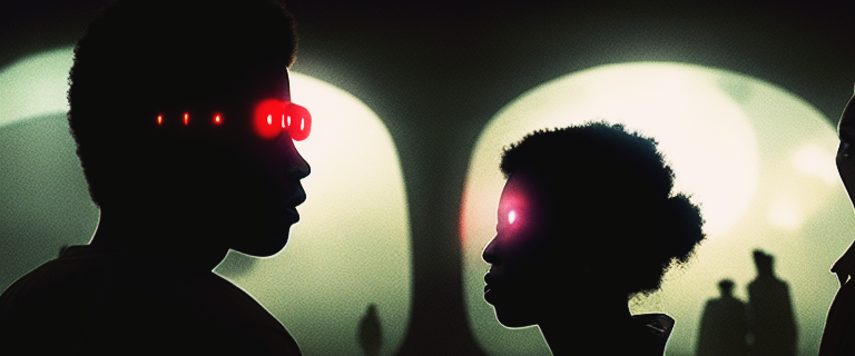 Two silhouetted figures in profile facing each other against pale backlit domes, their eyes rendered as small red points of light.