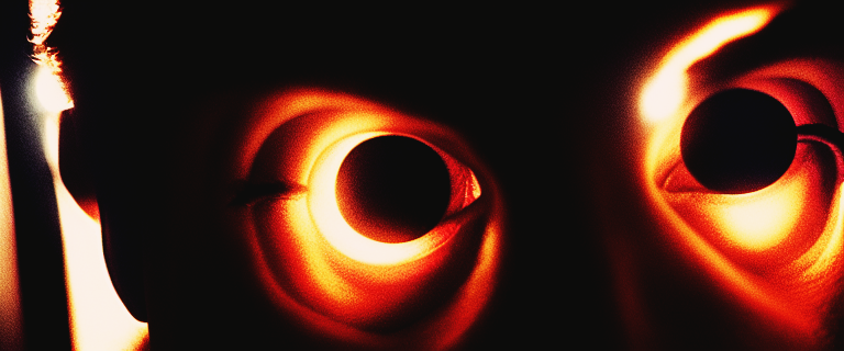 Extreme close-up of two eyes rendered as dark hollow discs surrounded by orange-lit flesh folds, warm lantern glow. More organ than face.