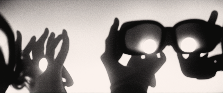 Blurred monochrome silhouettes of hands raising oversized sunglasses, the lenses rendered as two bright white discs. Eyes replaced by the object meant to protect them.